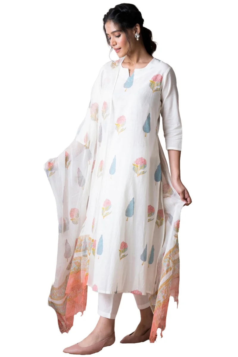 GoSriKi Women's Cotton Blend Straight Printed Kurta with Pant & Dupatta (Nairiti White-GS_XL_White_X-Large)